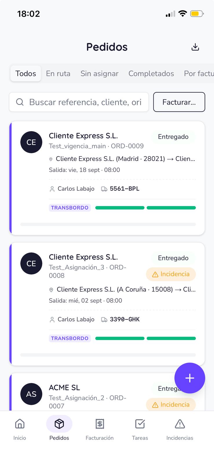 Pantalla de pedidos de Médula con datos de prueba